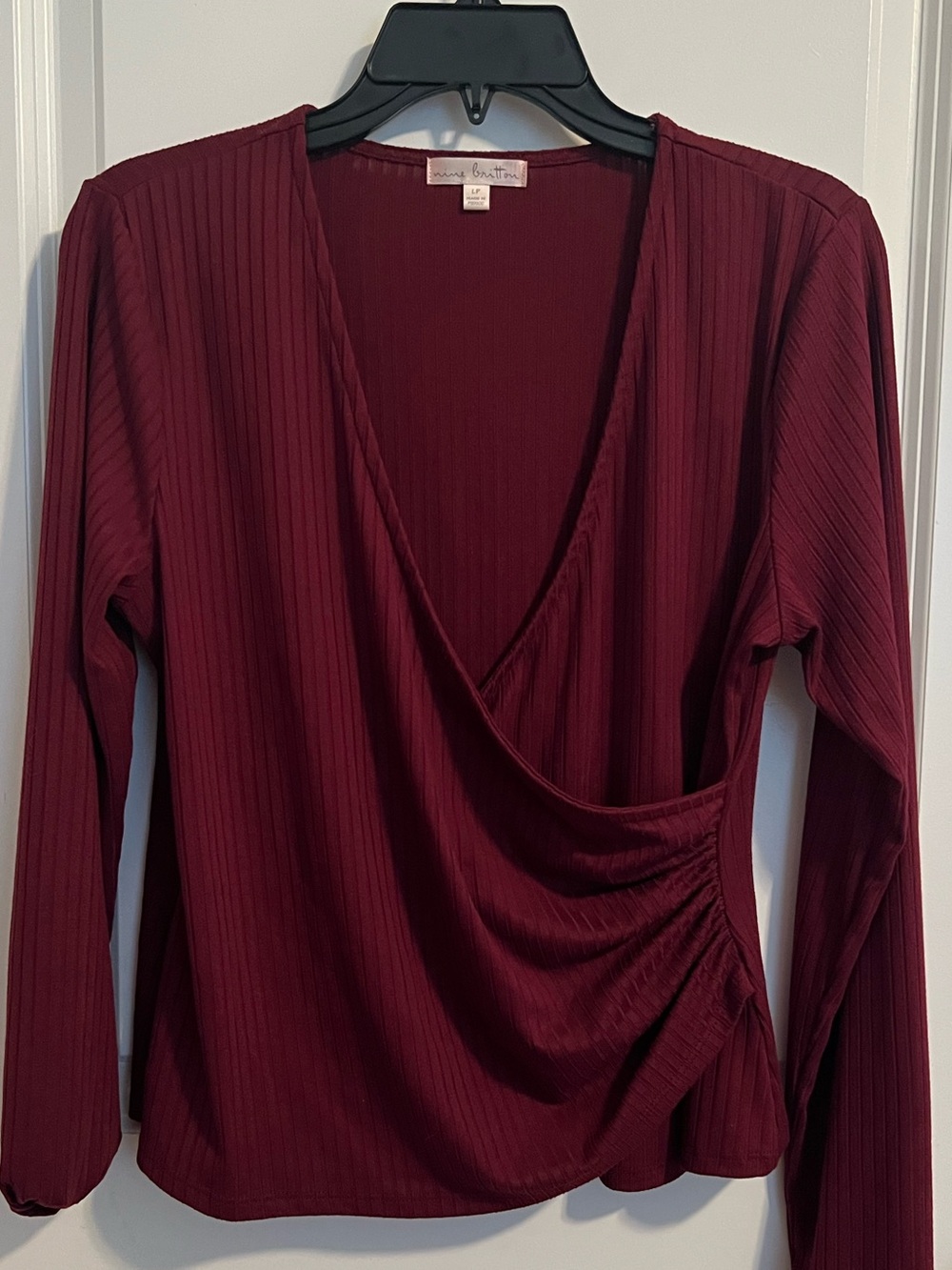 nine britton Ribbed Burgundy Wrap-Front Long Sleeve Top